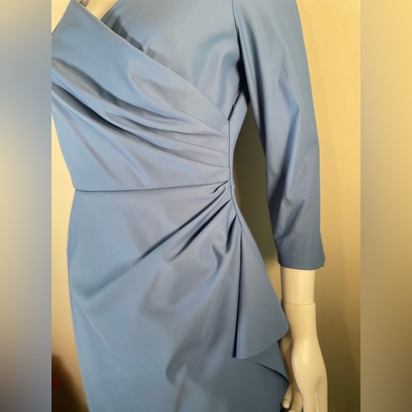 Alex Evenings V-Neck 3/4 Sleeve Compression Ruched Faux Wrap Sheath Dress Blue - Picture 4 of 13